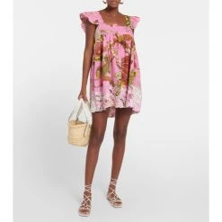 Juliet Dunn Embroidered Floral-print Cotton Minidress